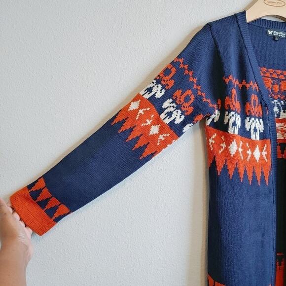 Papillon Boho Aztec Orange and Blue Open Front Collegiate Auburn Cardigan Sz M - Picture 5 of 9